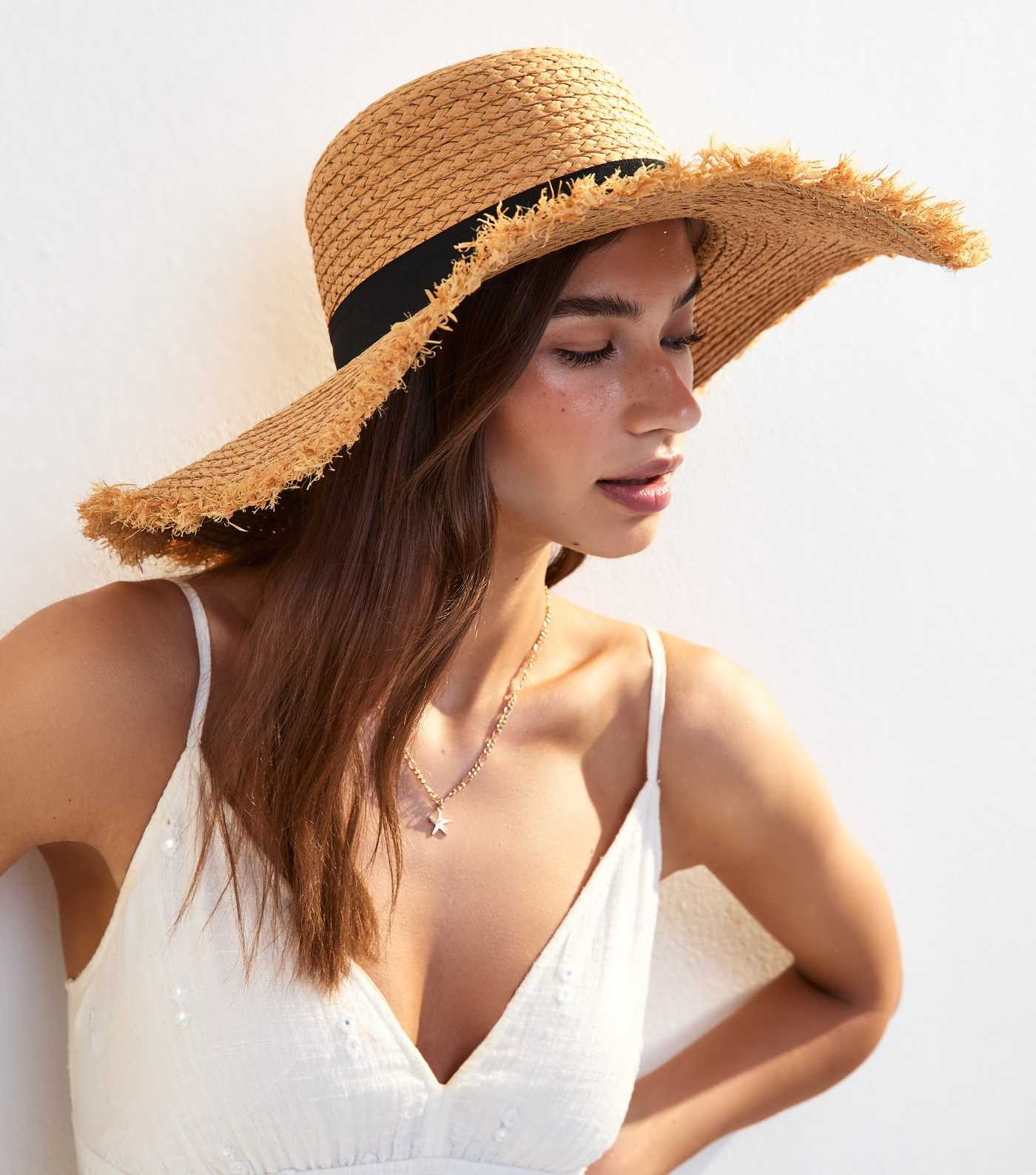 Tan Straw Effect Frayed Floppy Hat | New Look | New Look (UK)