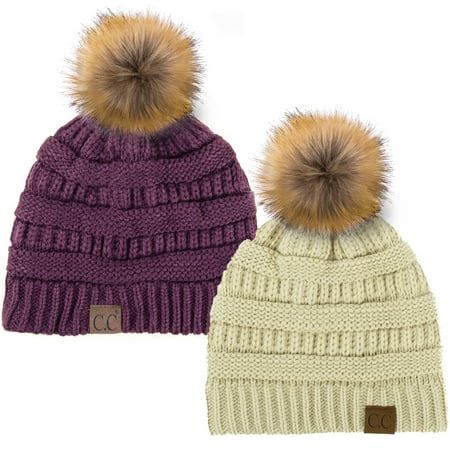 C.C Hat-43 Thick Warm Cap Hat Skully Faux Fur Pom Pom Cable Knit Beanie 2 Pack Beige/Dk Purple | Walmart (US)
