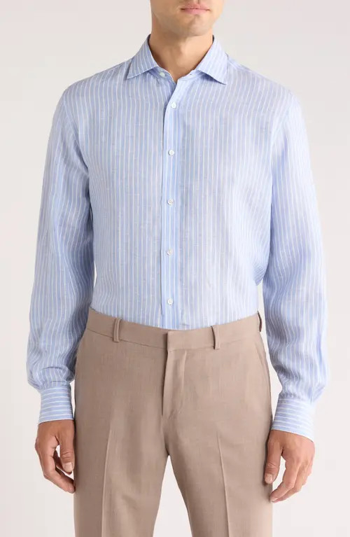 Ralph Lauren Purple Label Tattersall Stripe Linen Button-Up Shirt in Blue Multi/White at Nordstrom, Size Small | Nordstrom