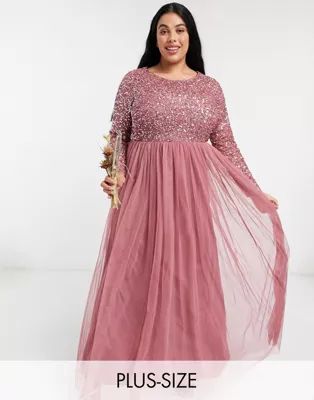 Maya Plus delicate sequin long sleeve maxi dress with tulle skirt in rose | ASOS (Global)