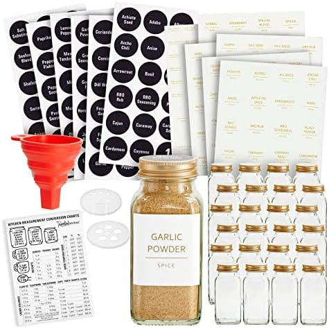 Talented Kitchen 24 Pack Large Glass Spice Bottles with 328 Preprinted Label Stickers, 6 oz Empty... | Amazon (US)