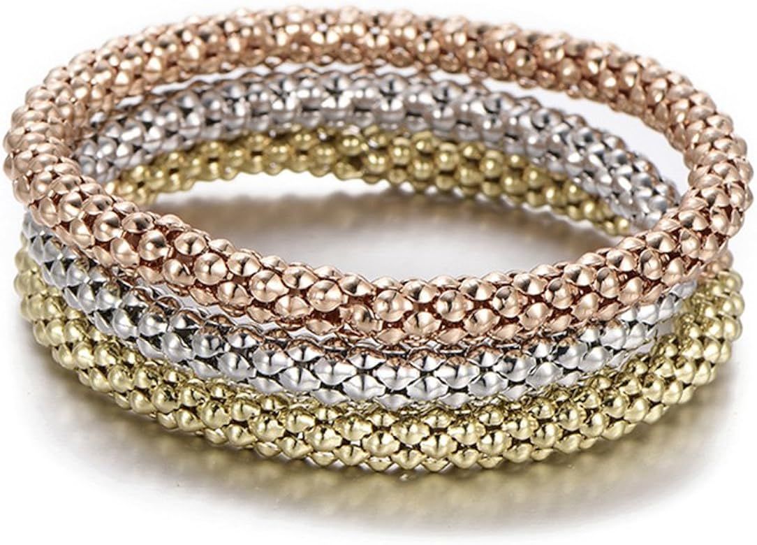 Christmas Jewelry 3PCS Gold/Silver/Rose Gold Tone Corn Chain Stretch Bracelets for Women | Amazon (US)