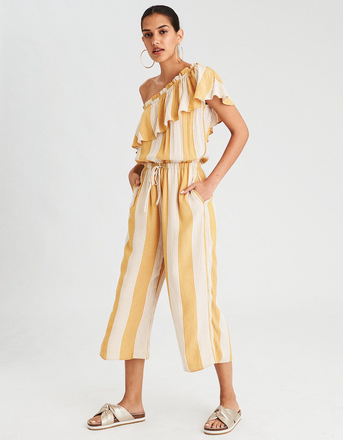 AE One Shoulder Culotte Jumpsuit, Yellow | American Eagle Outfitters (US & CA)