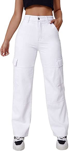 WDIRARA Women's High Waist Button Straight Leg Cargo Jeans Long Denim Pants with Pockets | Amazon (US)