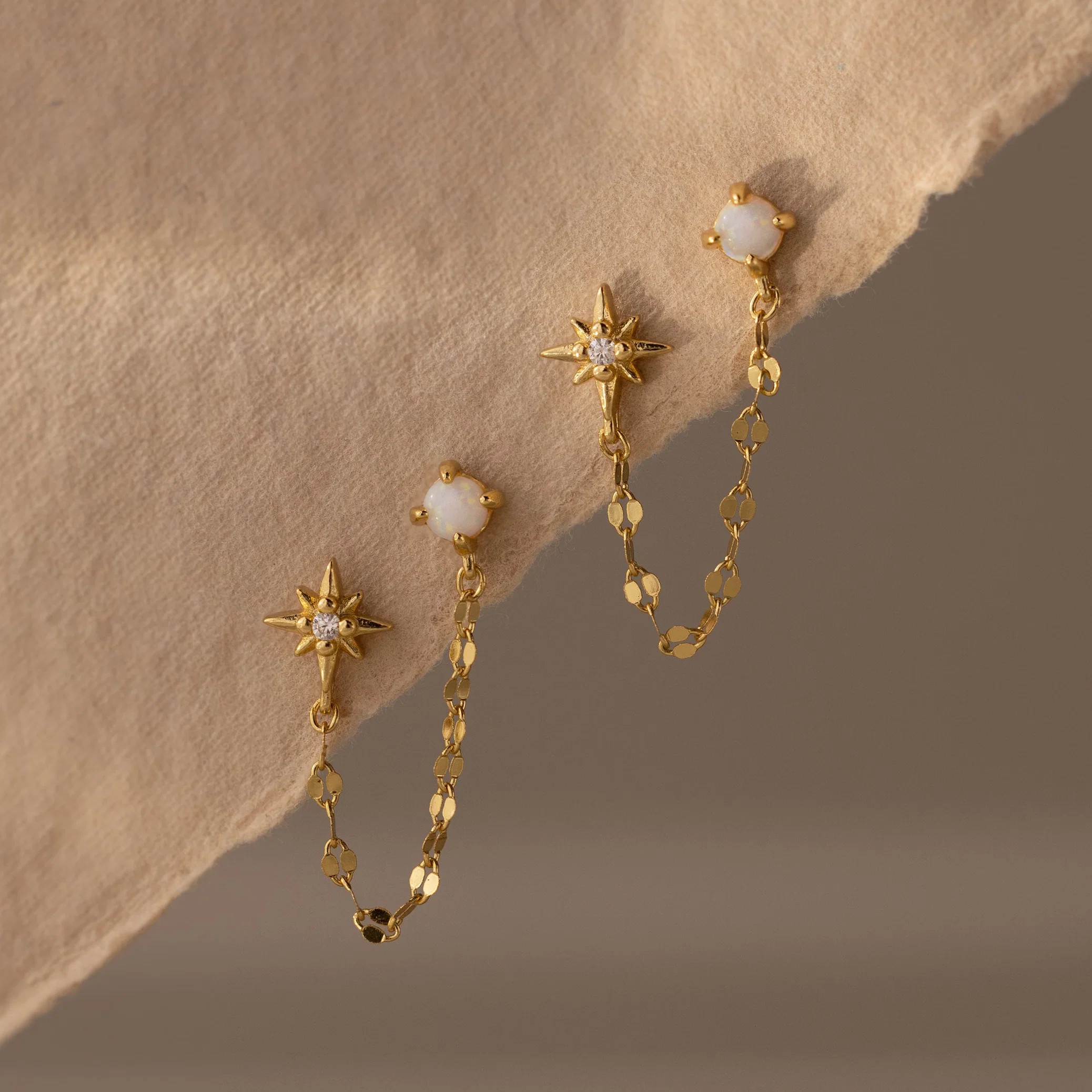 Opal & Star Duo Chain Studs in 18K Gold | Caitlyn Minimalist