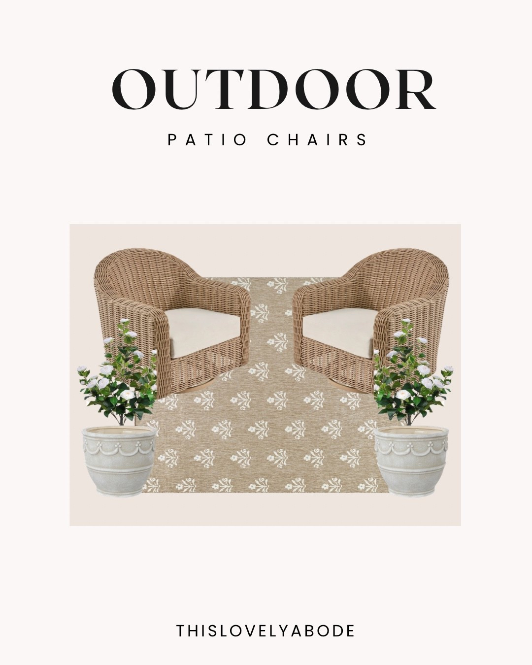 Patio swivel chairs 
#patiochairs #planters #rug #outdoorflorals 

#LTKHome #LTKSeasonal