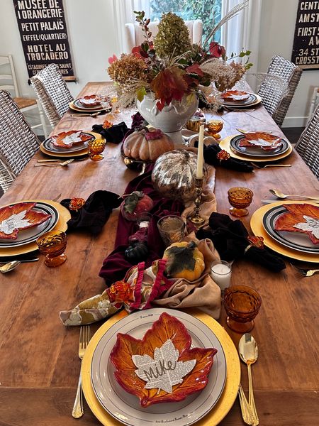 Thanksgiving table decor! I love this time of year when fall leaves are everywhere! Set your Thanksgiving table in warm elegant fall style! #thanksgivingtable #thanksgivingdecor #fallleafplates #goldchargers #votivecandles 

#LTKhome #LTKHoliday #LTKSeasonal