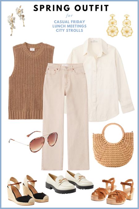 Spring outfit 2023 // shaker sweater tank, high rise jeans, linen shirt button up, wedge sandals, white loafers, flower earrings, clog sandals, straw bag, aviator sunglasses. Casual outfit, work wear, neutral outfit. 

#LTKunder50 #LTKSeasonal #LTKstyletip