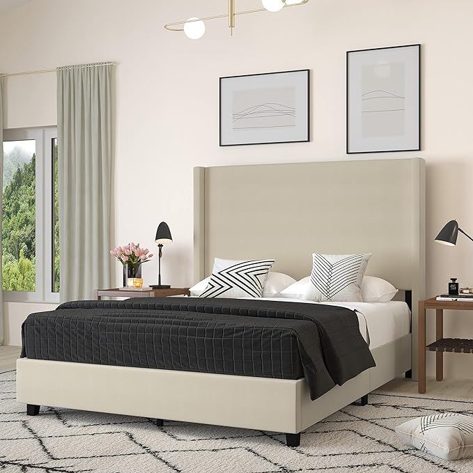 Merrick Lane Bramlett Modern Queen Size Platform Bed Frame with Padded Faux Linen Upholstered Win... | Amazon (US)