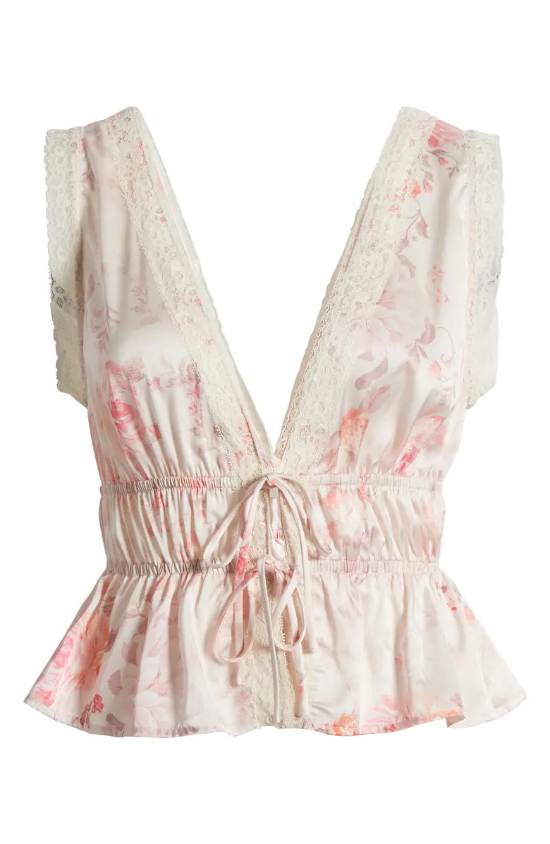 Beatrix Floral Tie Front Satin Top | Nordstrom