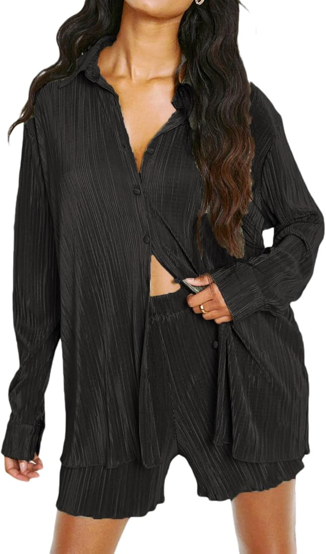 NUFIWI Women Oversized 2 Piece Outfits Pleated Long Sleeve Button Blouse Top Wide Leg Pants Sets ... | Amazon (US)