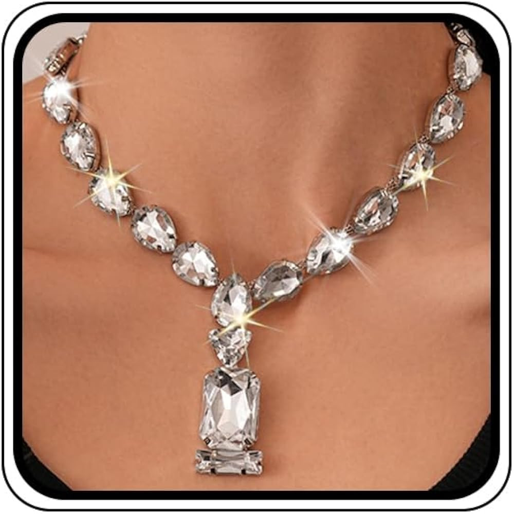 Plastic Fake Rhinestone Choker Y Necklace for Women Sparkly Geometric Faux Crystal Pendant Neckla... | Amazon (US)