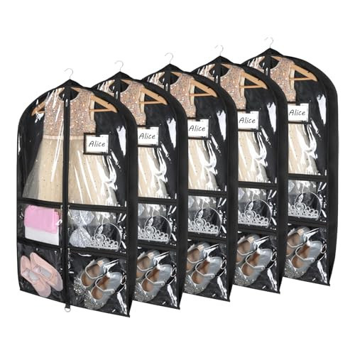 Syeeiex Clear Dance Costume Garment Bag with 3" Gussetes(5 Pack), 40'' Garment Bags for Dance Costumes, Kids Dance Garment Bag with 4 Zippered Pocket - Suitable for Dance Competitions, Ballet(Black) | Amazon (US)