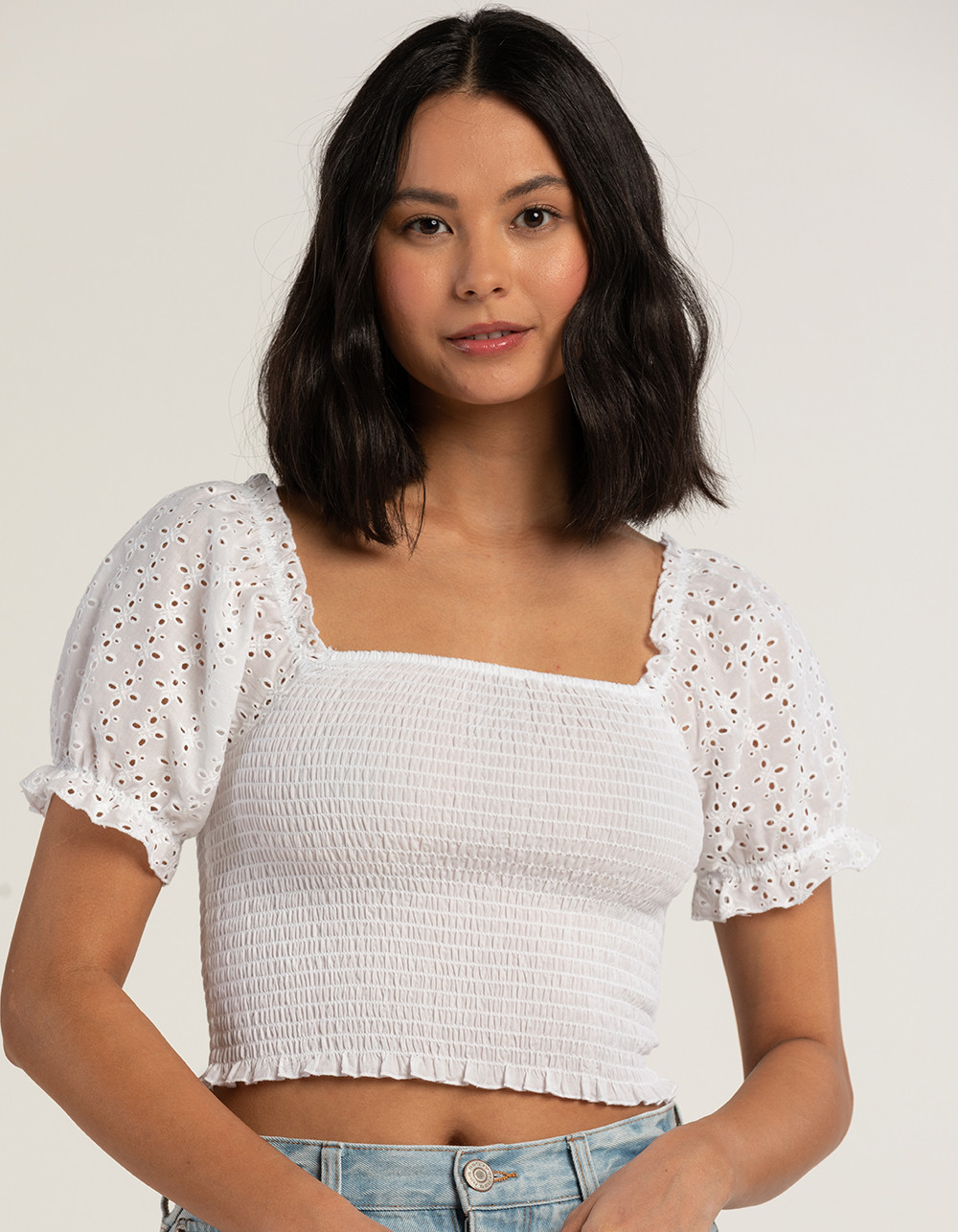 LOVE TREE Womens Eyelet Smock Top | Tillys