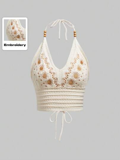 ROMWE Hippie Summer Embroidered Cross Strap Backless Halter Crochet Knit Top | SHEIN