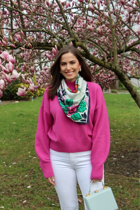 Pink sweater, mock neck sweater, white jeans, white bootcut jeans, silk scarf, spring outfit, spring sweater, spring transition outfit

#LTKunder100 #LTKSeasonal #LTKfit