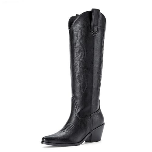 Platikly Black Cowboy Boots for Women - Embroidered Western Cowgirl Boots, Wide Calf Knee High Tall Footwear, Almond Pointed Toe Chunky Heel Pull On Zipper Retro Country Style US 8.5 | Amazon (US)