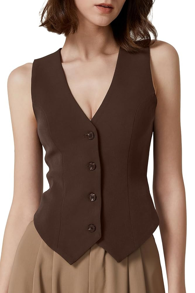 QINSEN Womens V Neck Vest Top Sleeveless Button Down Fully Lined Solid Going Out Crop Tops | Amazon (US)
