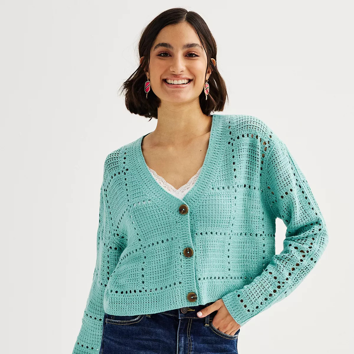 Juniors' SO® Button Front Crochet Cardigan | Kohl's