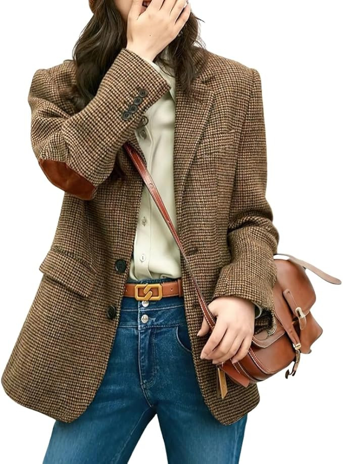 chouyatou Women's Fall Winter Wool Business Casual Blazer Jacket Single Breasted Plaid Dressy Wor... | Amazon (US)