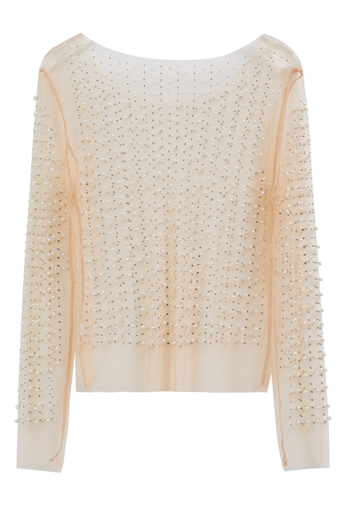 Full Pearl Embellished Sheer Mesh Top in Tan | Chicwish