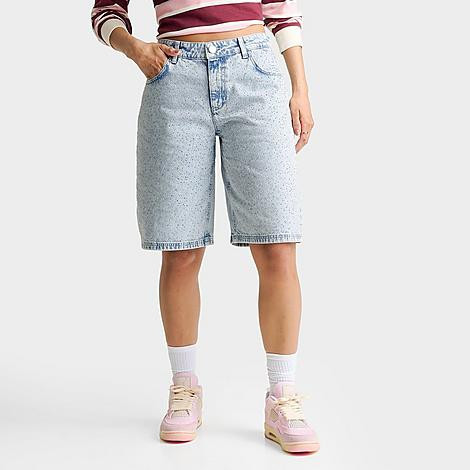 Unlike Humans Women's Rhinestone Denim Jorts in Light Stone Wash Size: 30 | Finish Line (US)