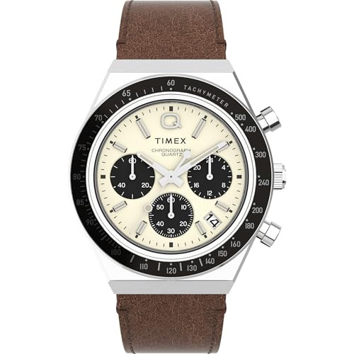 Timex Q Men's 40mm Watch – Cream Dial Silver-Tone Case Brown Leather Strap, Cream/Brown, One Size, 40 mm Leather Watch | Amazon (US)