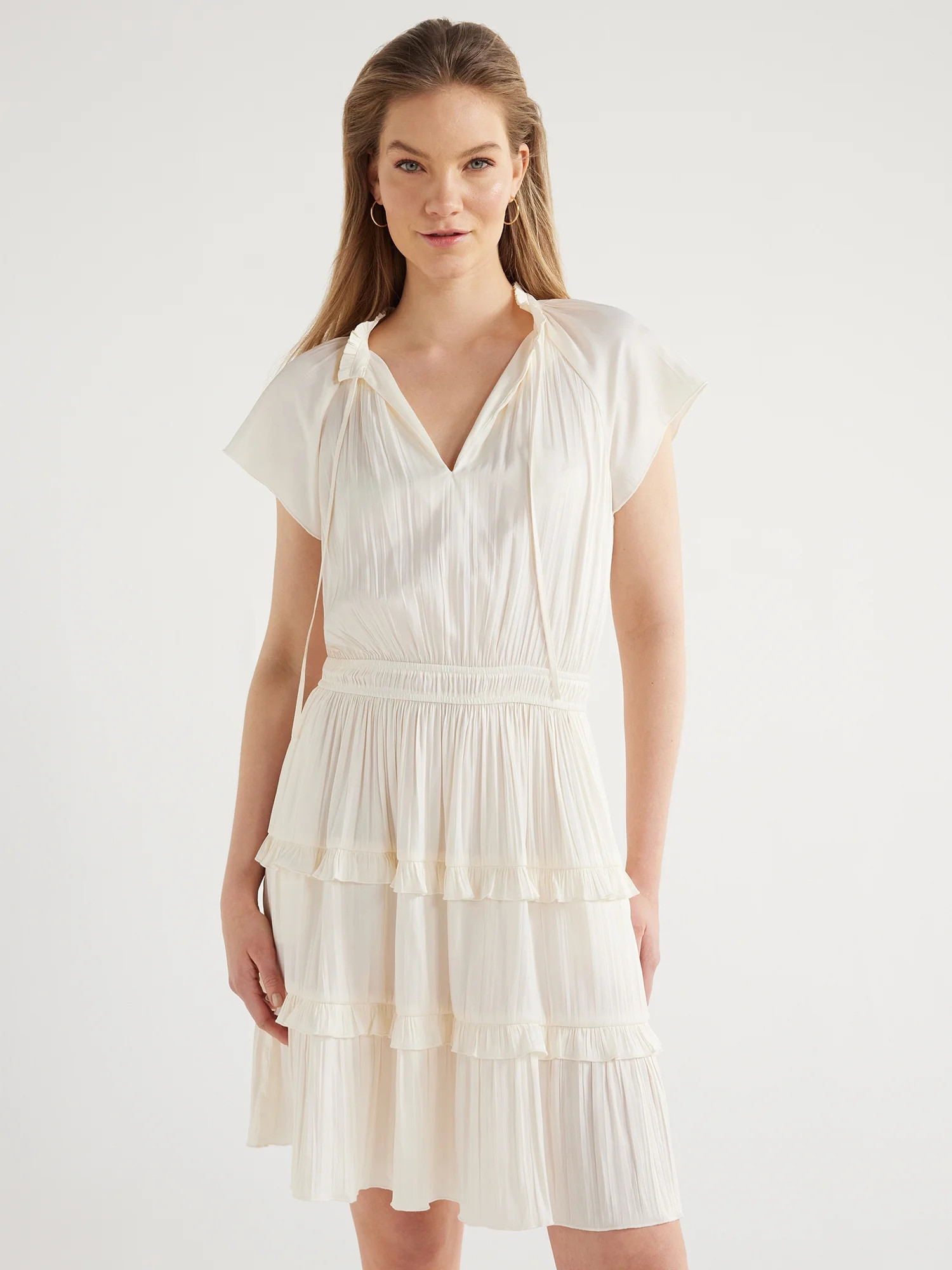 Scoop Women's Satin Mini Ruffle Dress with Cap Sleeves, Sizes XS-XXL | Walmart (US)