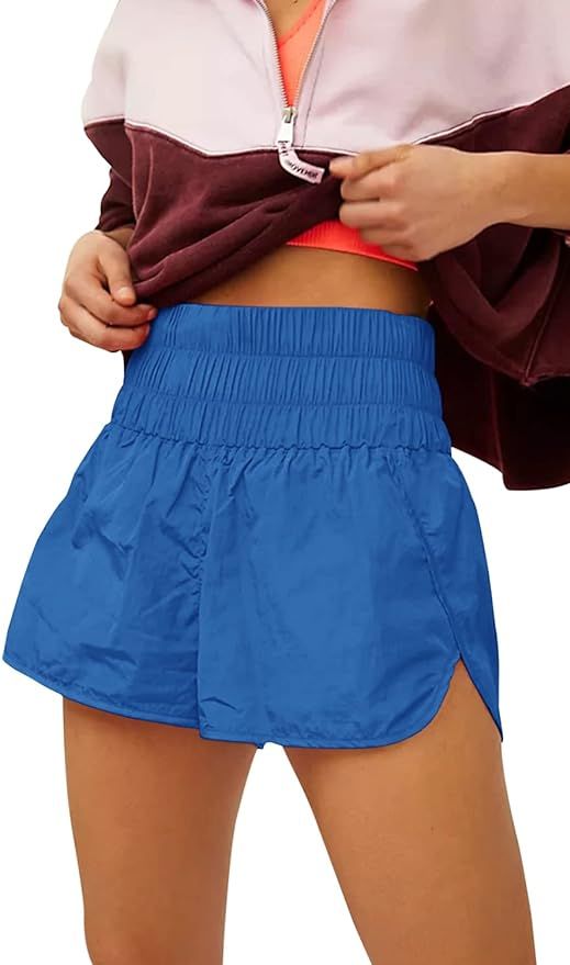 Women's Running Shorts Smocked High Waist Athletic Gym Workout Warm Up Relaxed Fit Shorts | Amazon (US)