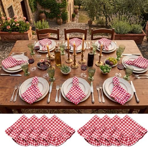 8 Pcs Red Gingham Napkins Linen Cotton Ruffle Checkered Plaid Dinner Napkins 18''x18'' Farmhouse ... | Amazon (US)