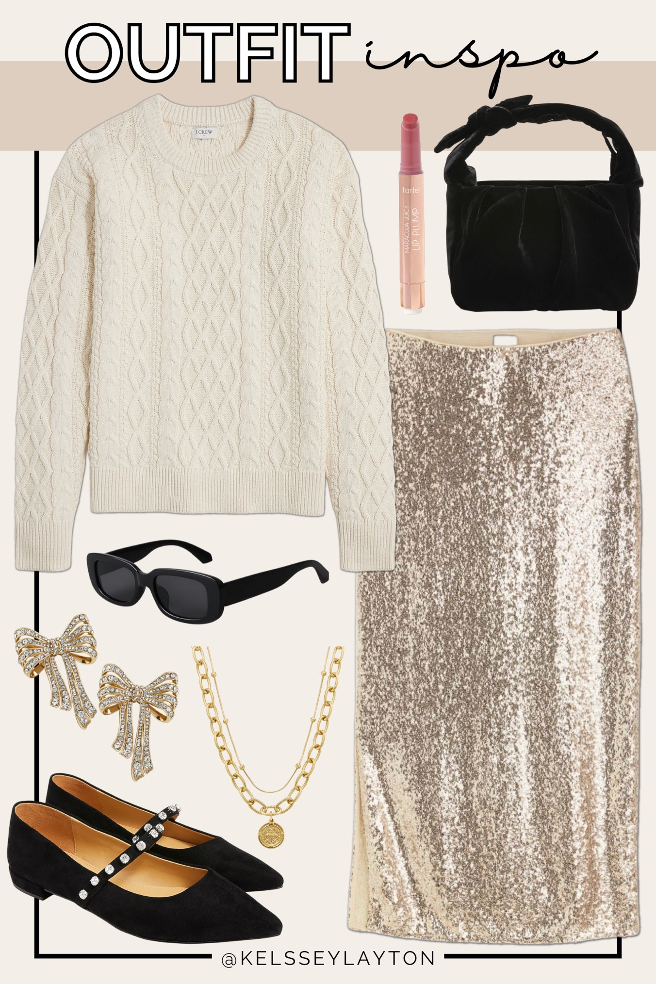 Outfit idea, sequin skirt, holiday style, velvet bag, black flats, bow earrings, bauble bar 

#LTKSeasonal #LTKHoliday #LTKsalealert