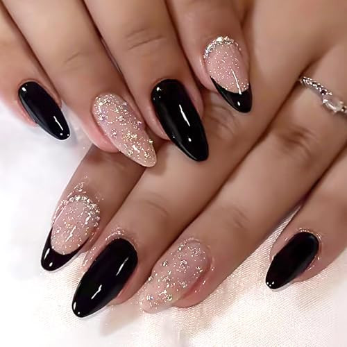 24Pcs Black French Tip Press on Nails - Medium Almond Fake Nails with 3D Rhinestone Designs Black False Nails Silver Glitter Acrylic Stick on Nail Nude Glossy Full Cover Gel Artificial Nail for Women | Amazon (US)