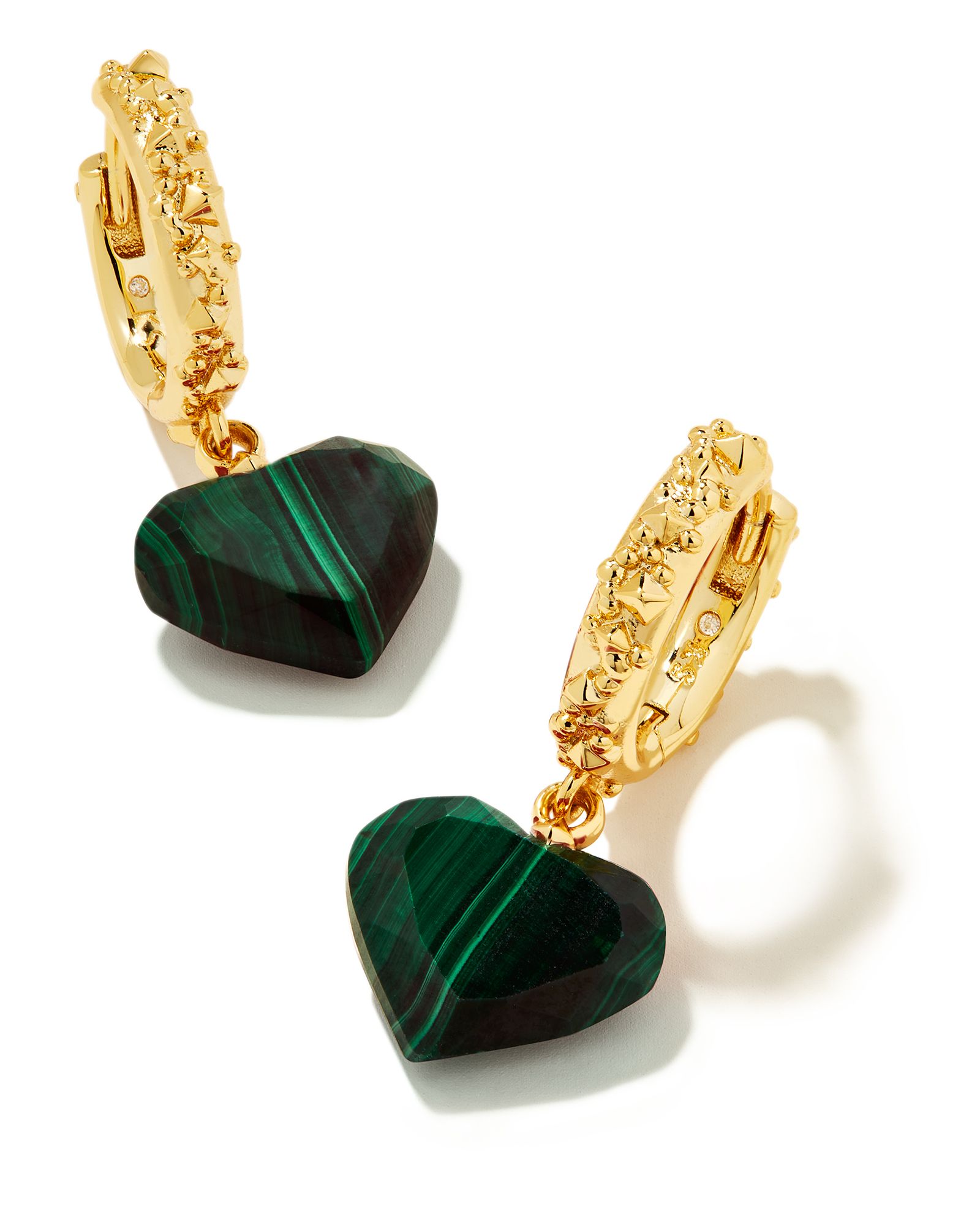 Penny Gold Heart Huggie Earrings in Green Malachite | Kendra Scott