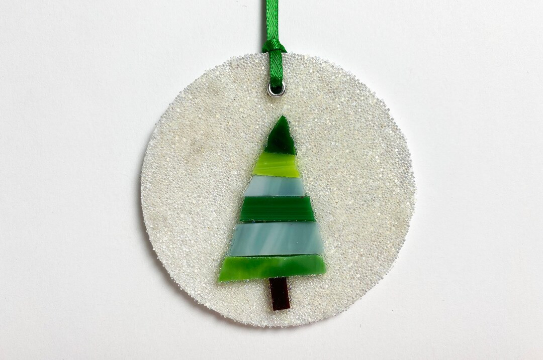 Modern Retro Mosaic Christmas Tree Ornament, Green Stained Glass, Green Stripes, Clear Microbeads... | Etsy (US)