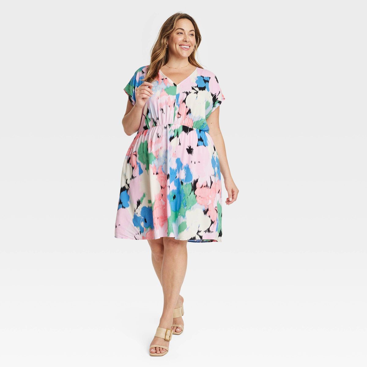 Women's Short Sleeve Mini A-Line Dress - Ava & Viv™ Abstract Floral 3X | Target