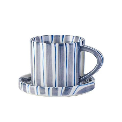 8Oz Stylish Handmade Vertical Striped Coffee Mug Espresso Cups With Saucer, Easthetical Ceramic Coffee Mugs, Glazed Tea/Coffee Cup With Saucer, Microwave safe and dishwasher safe Latte art mug (Blue) | Amazon (US)