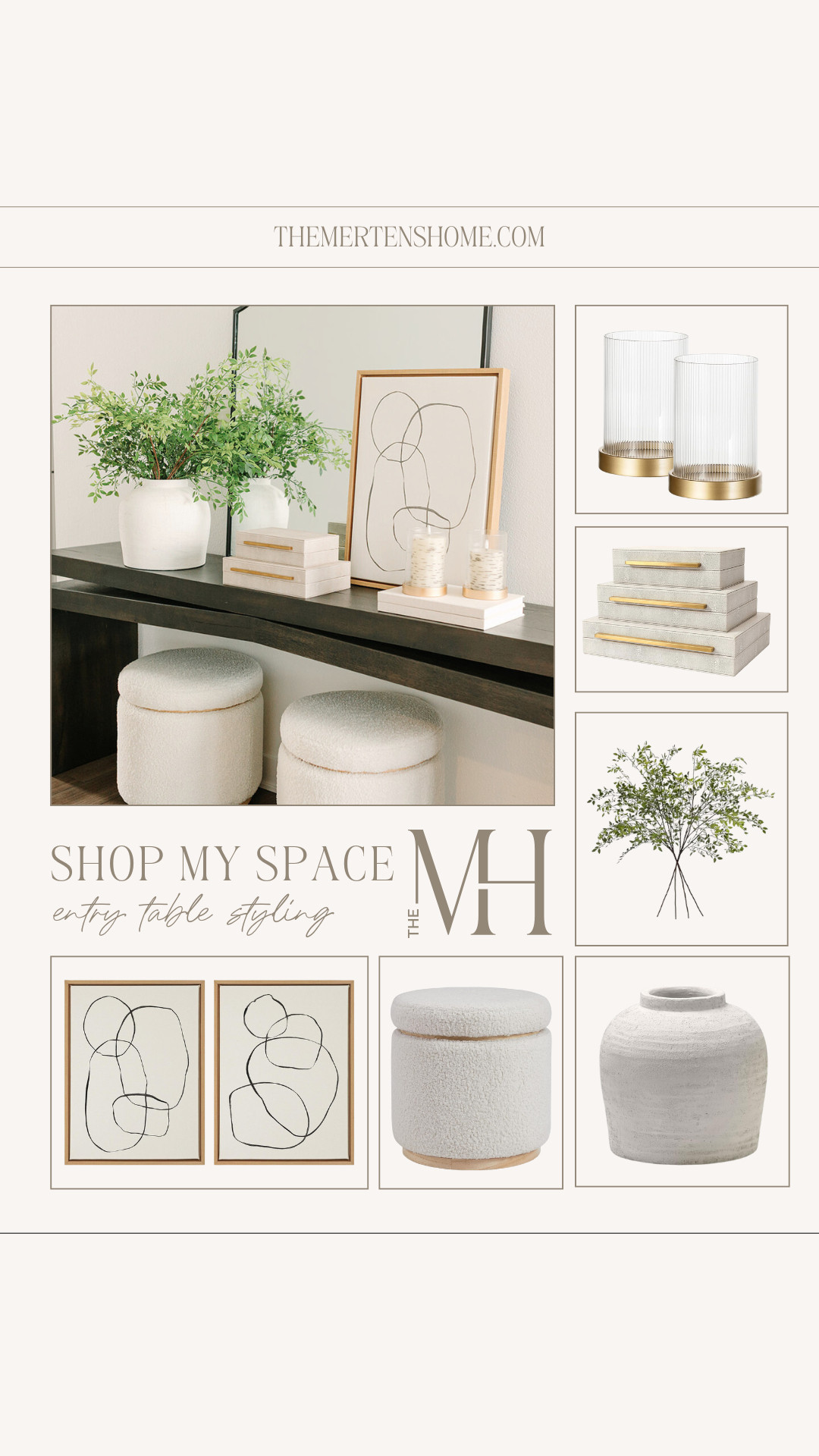 My entry table styling uses simple layers to make the space feel warm and welcoming, with a vase and stems, cozy ottoman storage, book storage, candles, and a mirror that tie everything together. 

 

#LTKHome