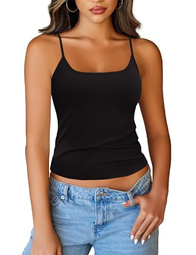 Totatuit Womens Tank Tops Adjustable Spaghetti Straps Scoop Neck Camisole Basic Sleeveless Cami Shirts Cropped Undershirts Summer Black Small | Amazon (US)