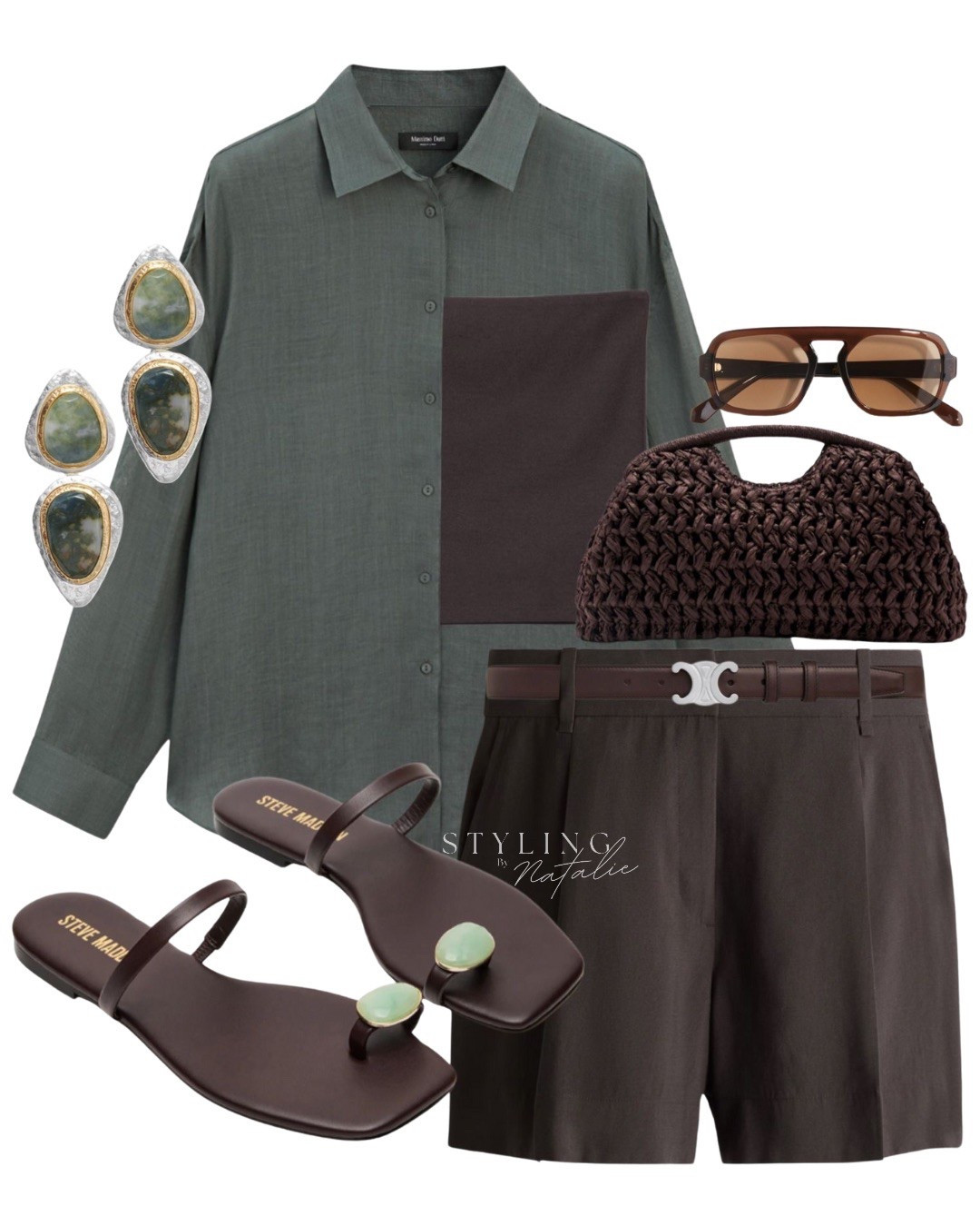 Casual chic with tailored shorts-
Laid-back luxury in earthy tones, breathable fabrics and polished accessories. 
Green ramie shirt, linen, tailored shorts, flat sandals, chocolate brown bandeu top, clutch bag, aviator sunglasses & green stone earrings. Massimo Dutti, H&M, smart casual, summer outfit. 

#LTKuk #LTKsummer #LTKeurope