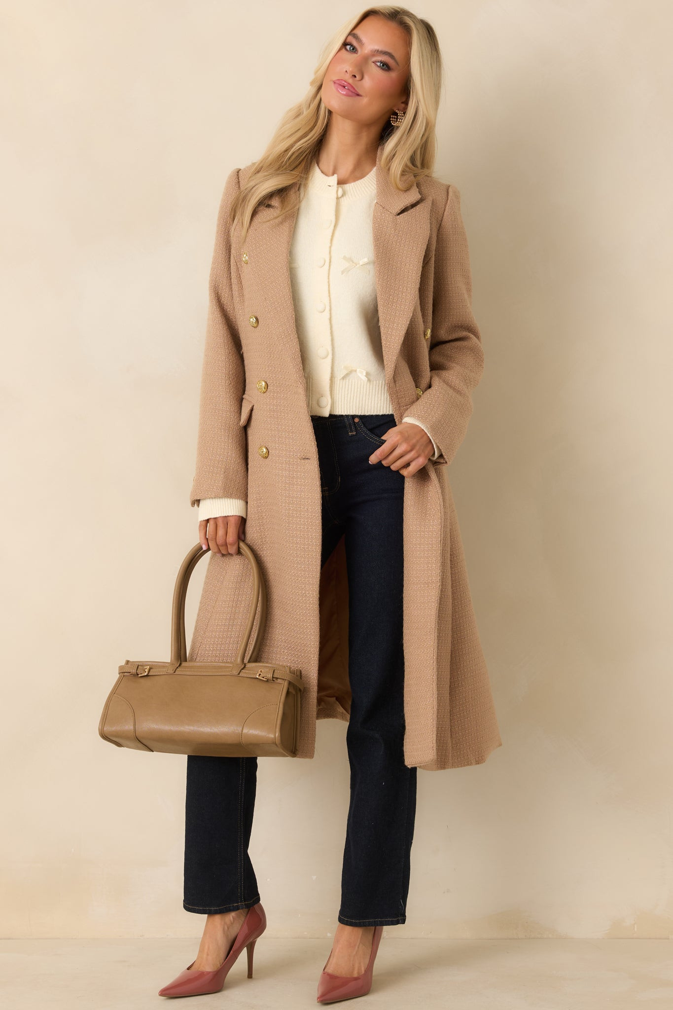 Get to It Camel Textured Woven Tailored Double-Breasted Topcoat | Red Dress