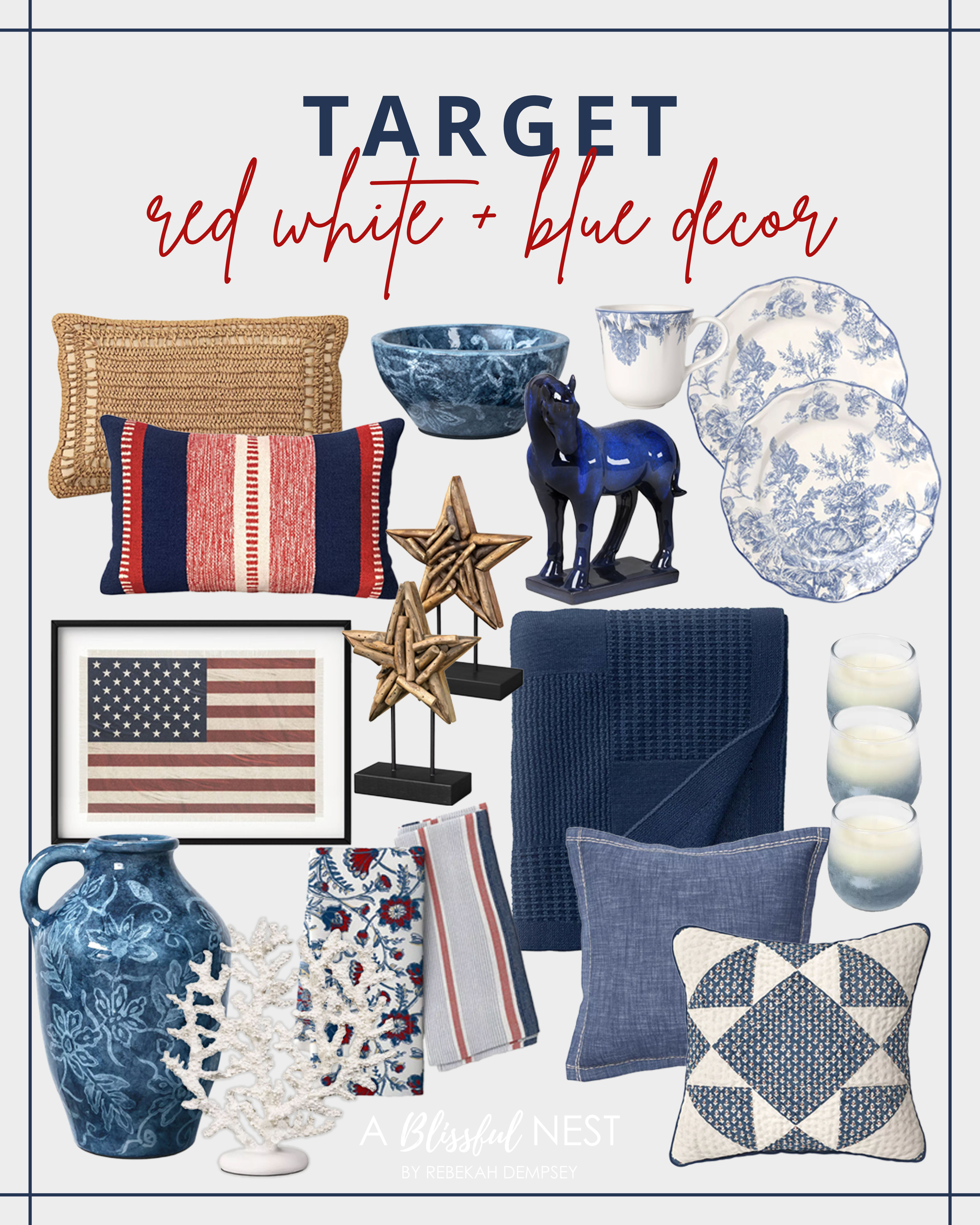 These Target red, white, and blue decor finds are perfect for summer hosting and patriotic styling. Shop the collection.

woven lumbar pillow, striped patriotic pillow, blue decorative bowl, blue and white dinner plates, blue ceramic horse figurine, woven star decor, American flag wall art, navy throw blanket, blue scented candle, blue floral vase, white coral decor, patterned kitchen towels, blue throw pillow, quilted blue accent pillow. 

 #LTKSeasonal #LTKHome