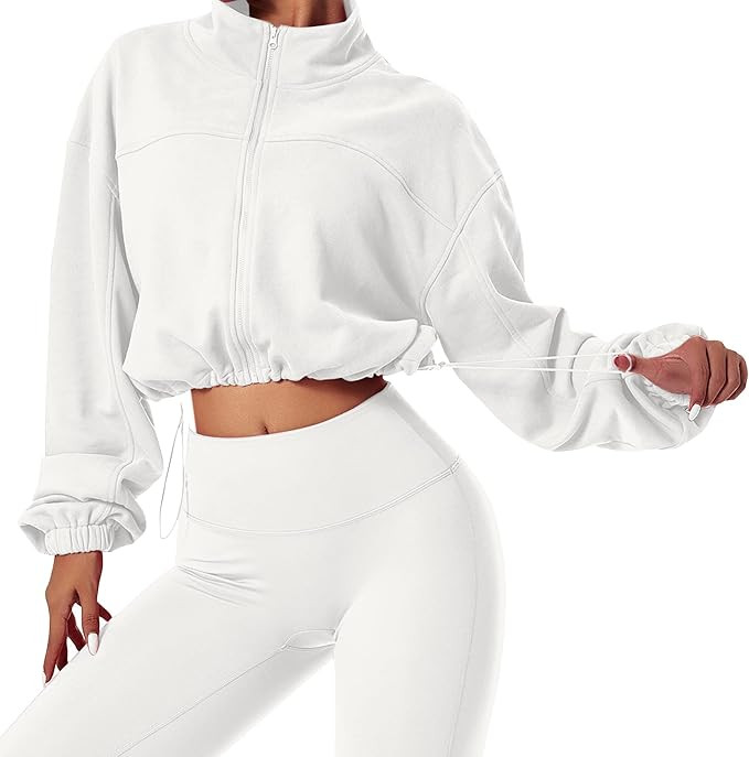 MISSACTIVER Women Casual Zip Up Stand Collar Crop Workout Sweatshirt Long Sleeve Drawstring Hem C... | Amazon (US)