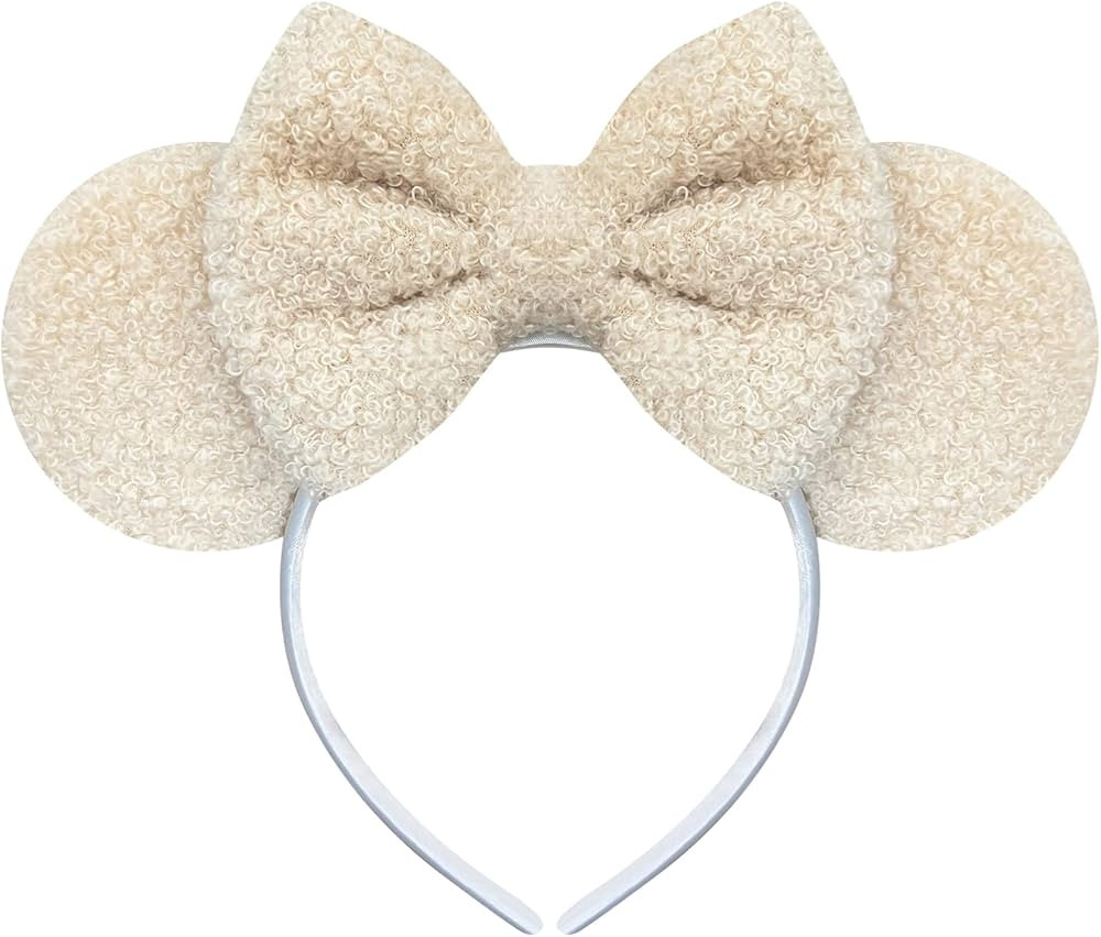 Trnerm Beige Mouse Ears Headband for Women, Soft Plush Park Ears Cute Birthday Hair Bands | Amazon (US)