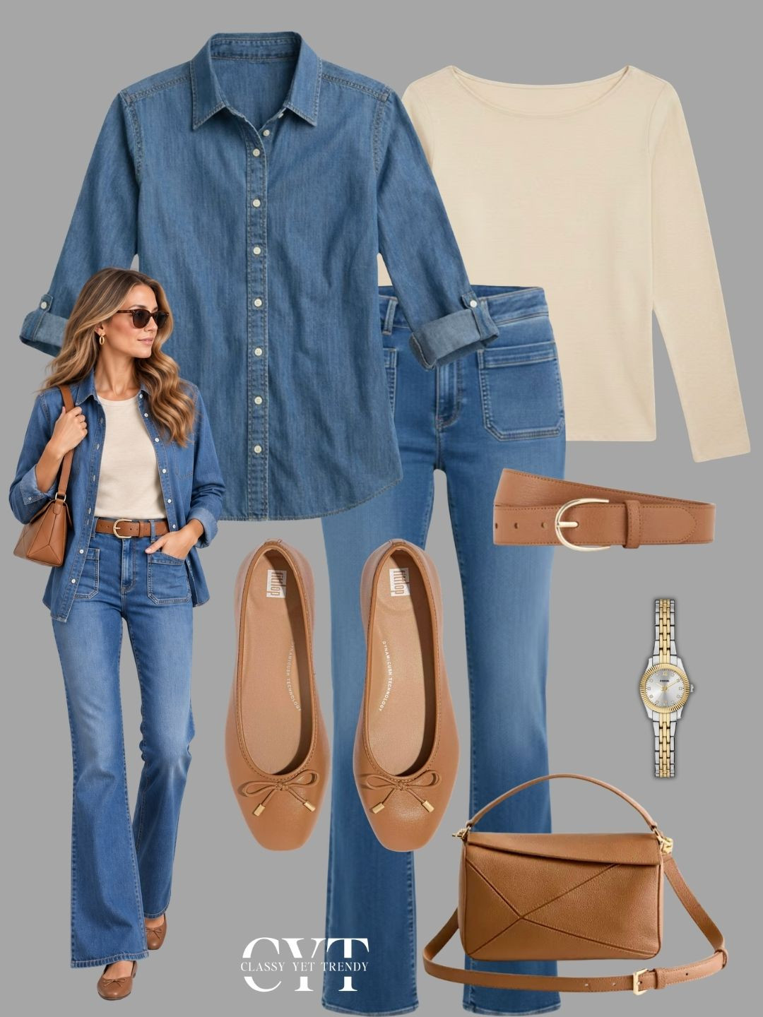 4 Fall looks with a chambray shirt 🍂 Happy Monday! #jacketstyle #autumnfashion #dailystyle #sweaterweather #denimstyle fair isle, barn jacket, western boots, ballet flats, wide leg jeans, patch pocket, leopard, suede, sweater, chocolate brown 

 