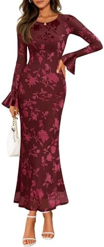 ZESICA Women's 2026 Bell Long Sleeve Floral Maxi Dress Spring Fashion Bodycon Mesh Wedding Guest ... | Amazon (US)