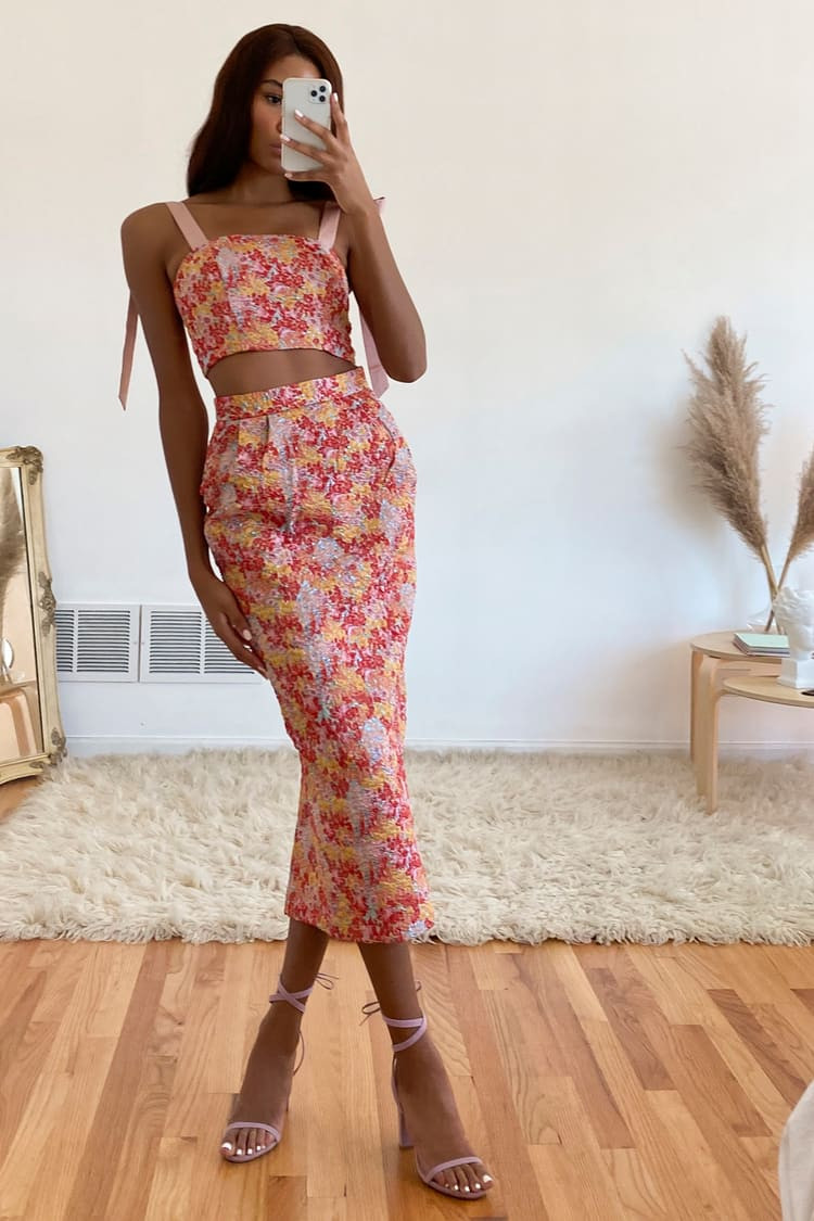 Ellarina Pink Multi Metallic Tie-Strap Two-Piece Midi Dress | Lulus