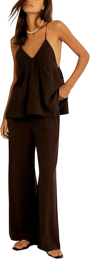 Women's Linen 2 Piece Outfits Sexy V Neck Spaghetti Strap Peplum Cami Tops Wide Leg Pants with Po... | Amazon (US)