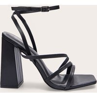 Black Wide Fit PU Square Toe Strappy High Block Heeled Sandals | PrettyLittleThing US