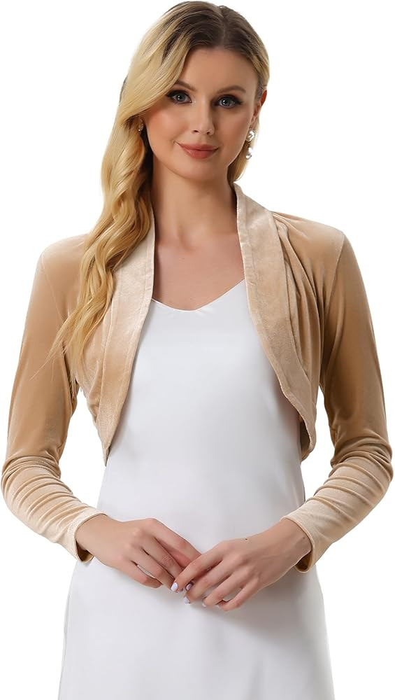 Allegra K Women's Long Sleeve Velvet Shrug Cocktail Party Open Front Cropped Bolero Cardigan Top | Amazon (US)