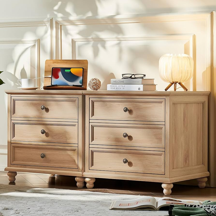Joaxswe Farmhouse Nightstand with Charging Station, 24" Wide End Table with 3 Drawers,Natural Woo... | Amazon (US)